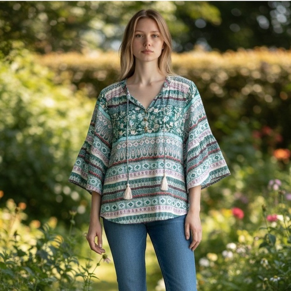 Farmers Market Boho Paisley Floral Bell Sleeve Tassel Blouse Teal Pink Medium
